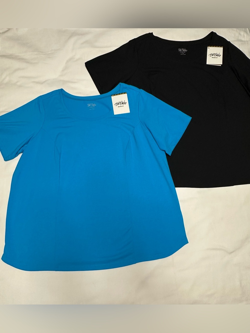 Bob Mackie Short Sleeve Scoop Neck Set of 2 Tops in Turquoise Blue and Black